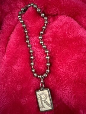 Silver Ball Chain Necklace with Rectangular Initial Pendant - Pink